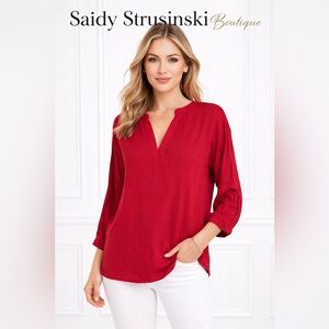 INC International Concepts Red Blouse Size Small V-Neck Long Sleeve Top